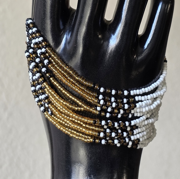 Elegant Seed Bead Bracelet in Gold, Black, and White Multi Strand Boho Bohemian - Picture 1 of 7